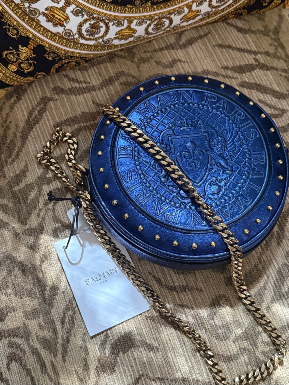 Balmain Navy Blue Round Embossed Crossbody with Gold Studs - Picture 7 of 7